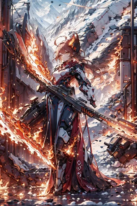 1girl, solo, ROBOT phoenix, red theme, mecha musume, mechanical parts, robot joints, red hair, long hair, flowing hair, ahoge :1.2, yellow eyes, small breasts, PHOENIX DRESS, red wings, feathered wings, landing_wings, fire, flames, flying, outdoor, snow, winter, ice field, snowy mountain, <lora:phoenix_dress-1.0:0.8> <lora:landing_wings:0.9> <lyco:Robotaction:0.8>