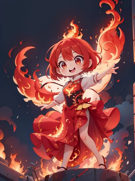 adorable chibi woman wearing a (phoenix dress)<lora:phoenix_dress-1.0:0.8>, fire, flames, 
8k, masterpiece, highly detailed, solo,
The Shimmer,
Fish-Eye Lens, from below, 
Dancing or striking a dance pose,
joyful,
Short Bob,
Red hair,