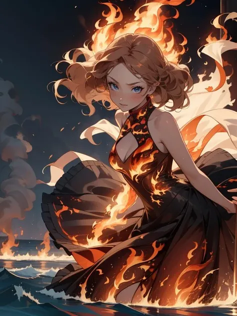 woman in a black dress sits on the ground covered in fire, flames surround her, engulfed in swirling flames, Goddess of Fire, fantasy art behance, enveloped in flames, her hair is made out of fire, she has fire powers, A dress made of fire, Dark Phoenix, appears as the goddess of fire, Surrounded by fire, her body made of flames
