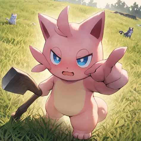 masterpiece, best quality, palworld-cat with big breasts, palworld-cat as furry male, grasslands, chibi, sad, tired, depressed, from below, looking at viewer, holding hoe, unhappy, (open mouth:1.3), pointing at viewer,  <lora:palworld_cat_lora:0.9>
