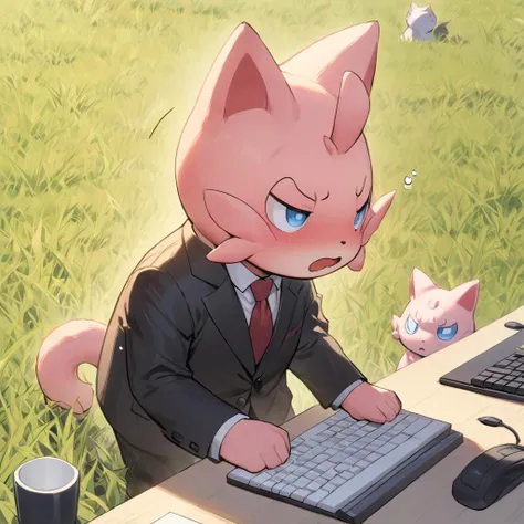 masterpiece, best quality, (1man:1.5), palworld-cat as furry male, grasslands, chibi, sad, tired, depressed, unhappy, (open mouth:1.3), working, typing, face to computer, sitting, a man standing behind the cat, the cat wearing business suit, <lora:palworld_cat_lora:0.9>