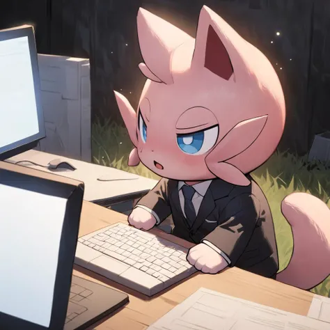 masterpiece, best quality, (1man:1.5), palworld-cat as furry male, grasslands, chibi, sad, tired, depressed, unhappy, (open mouth:1.3), working, typing, face to computer, sitting, a man standing behind the cat, the cat wearing business suit, <lora:palworld_cat_lora:0.9>