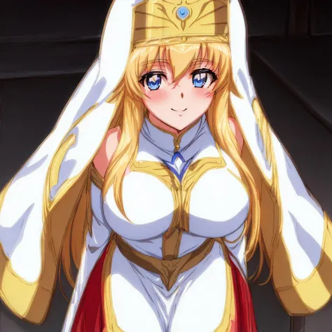 Anime woman with long blonde hair wearing white dress holding sword, knights of zodiac girl, portrait knights of zodiac girl, In amethyst armor, oppai, huge tit, with large breasts, seductive princess knight, anime goddess, Princess Knight, ((a beautiful fantasy empress)), blonde - haired princess, a blonde emerald warrior, Amethyst Princess, Amethyst reflective armor, Crystal Amethyst Armor, smooth anime cg art, princess intergalactica, Dress Armor Girl, High quality anime art style,