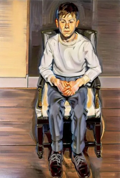 1boy,freud,oil painting,brushwork,sit on a chair,solo,full body,  <lora:fuluoyideV3:0.9>