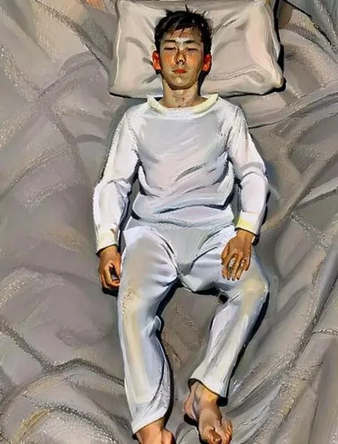 1boy,freud,oil painting,brushwork,solo,full body,<lora:fuluoyideV3:0.9>,lie in bed,in one's clothes,