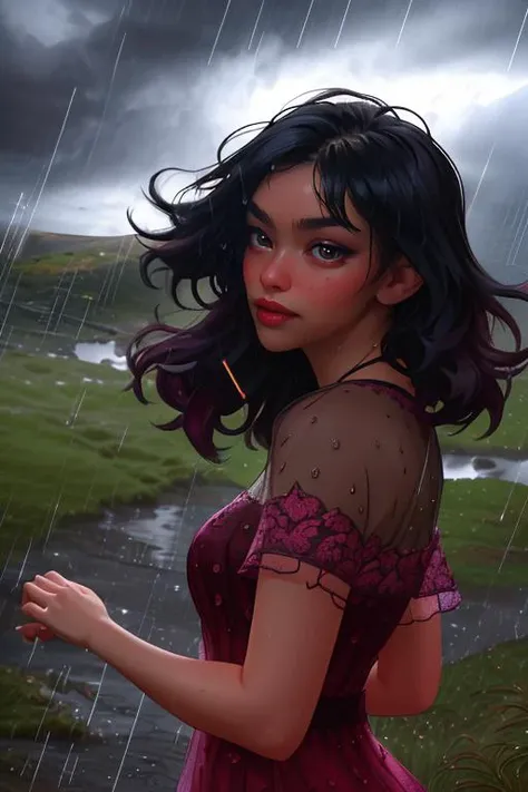 DEN_nyx_giftofshadows,
(windswept in the (heather moors:1.2) on a (rainy day:1.2), scenic, (dark cloudy skies:1.1), (raining:1.2), windy, (heavy rain:1.2), (rain drops falling:1.1), heavy rain fall, (atmospheric:1.2):1.2),
bokeh, f1.4, 40mm, photorealistic, raw, 8k, textured skin, skin pores, intricate details  <lora:epi_noiseoffset2:1>, epiCRealism <lora:ClothingAdjuster3:-1>