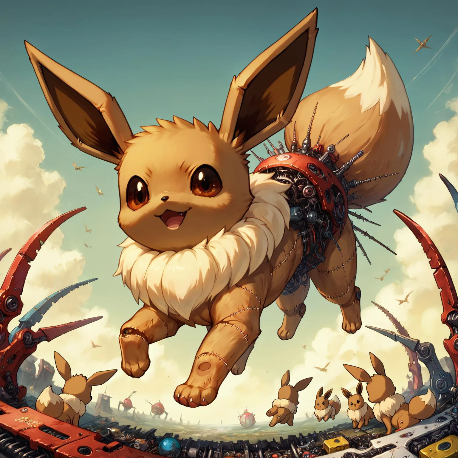 score_9, score_8_up, score_7_up, score_6_up, score_5_up, score_4_up, source_anime, fluffal eevee, fluffal, feral, looking at viewer:1.2, stuffing, blades, stitches, detailed, paneled background, appealing, cluttered, <lora:Frightfurfluffal1-000004:1>,