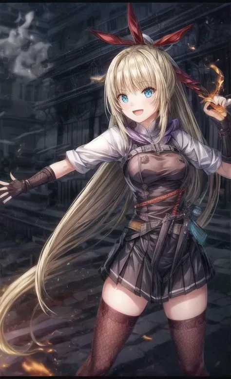 1girl, solo, burning, traditional Japanese architecture, thatched roof, wooden pillars, sliding doors, wooden floor, red-hot flames, smoke, ash, orange glow, debris, destruction, danger,
 weapon, long hair, blonde hair, solo, gloves, sword, fingerless gloves, holding, skirt, open mouth, smile, thighhighs, very long hair,  blue eyes, black skirt, looking at viewer, bangs, pleated skirt, hair ornament, :d, ribbon, belt, zettai ryouiki, red gloves, red headband, masterpiece, best quality, ultra-detailed, illustration, finely detail, extremely detailed CG unity 8k, highres, beautiful detailed eyes, finely detail, beautiful detailed eyes <lora:add_detail:2>