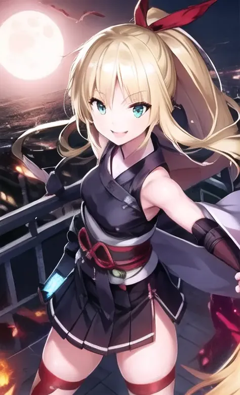 1girl, solo, traditional painting, dynamic, action, explosive, black smoke, red flames, debris, rubble, white inner kimono, white outer kimono, red obi, long black hair, tied up hair, hair accessory, brown eyes, sharp gaze, determined expression, athletic figure, toned arms, chest bandage, leg wraps, ninja sandals, turning head, smiling, standing on a rooftop, overlooking the scene, moonlit night, stars, cityscape, shadows, silence, calmness.