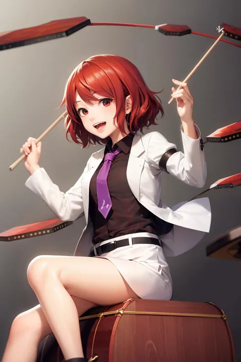 masterpiece, best quality, <lora:RaikoHorikawa:1>,horikawa raiko, 1girl, red hair, drum, red eyes, solo, instrument, necktie, tomoe (symbol), open mouth, drumsticks, mitsudomoe (shape), jacket, short hair, skirt, sitting, shirt, purple necktie, drum set, smile