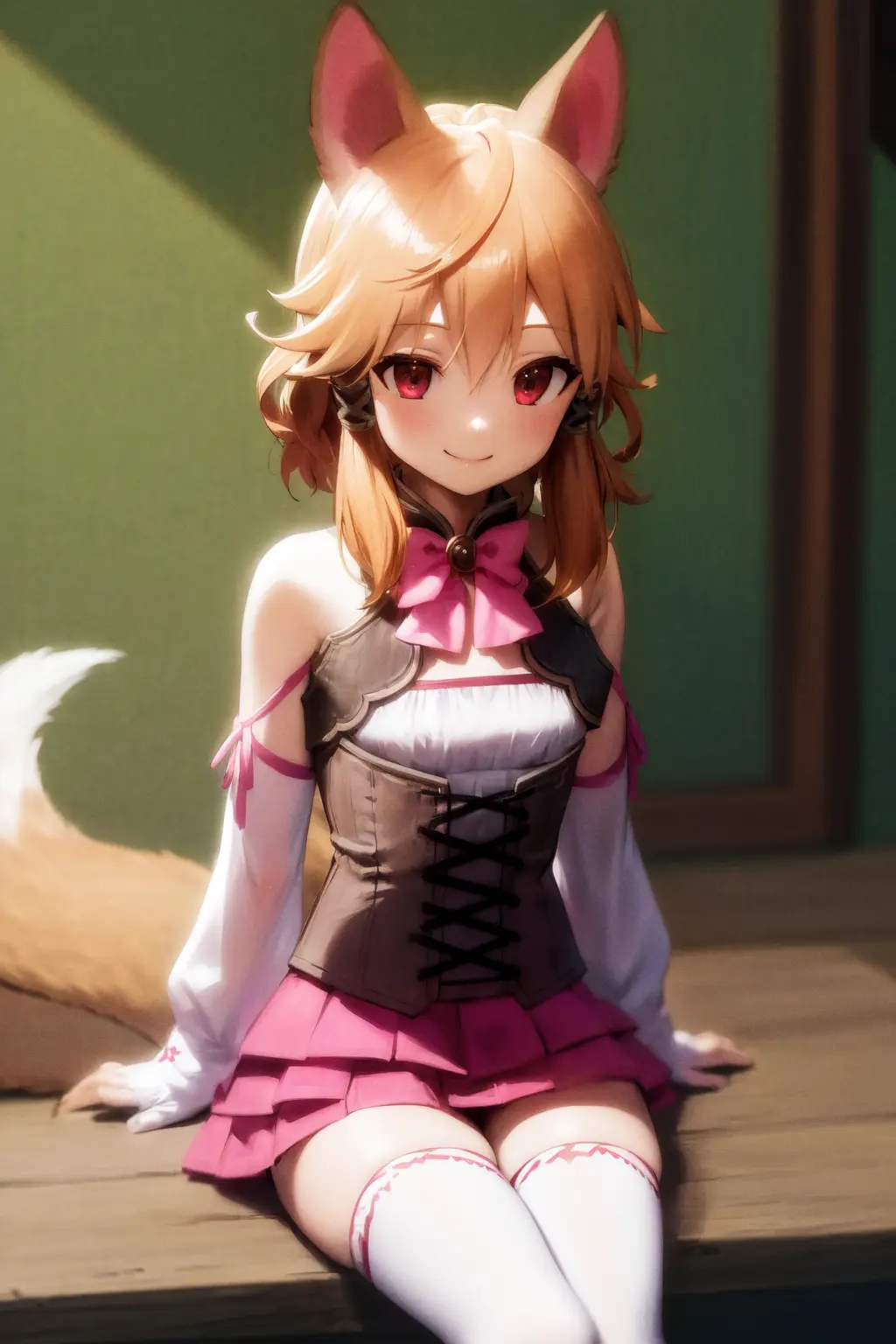 masterpiece, best quality, highres, 1girl latifa, fox tail, pink bowtie detached sleeves corset layered skirt white thighhighs <lora:latifa:1> sitting, smile