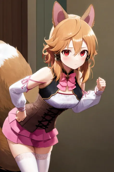 masterpiece, best quality, highres, 1girl latifa, fox tail, pink bowtie detached sleeves corset layered skirt white thighhighs <lora:latifa:1> standing, leaning forward