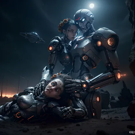 <lora:epi_noiseoffset2:0.999> <lora:V1.1-17SciencefictioncityonMars:0.333>
night, dark space, spaceship, dark lighting, war between two cities on mars, moonlight reflection, landscape
portrait, 2girl, cyborg and woman, (a cyborg woman touches a woman face with his hands:1.333), a cyborg has black tears from his eyes, a man with a wreath of flowers on his head, biomechanical, dark studio
4k, quixel megascans render, sintane render, hdr, best quality, masterpiece, photo-realistic, perfect detail, cinematic lighting, sci-fi