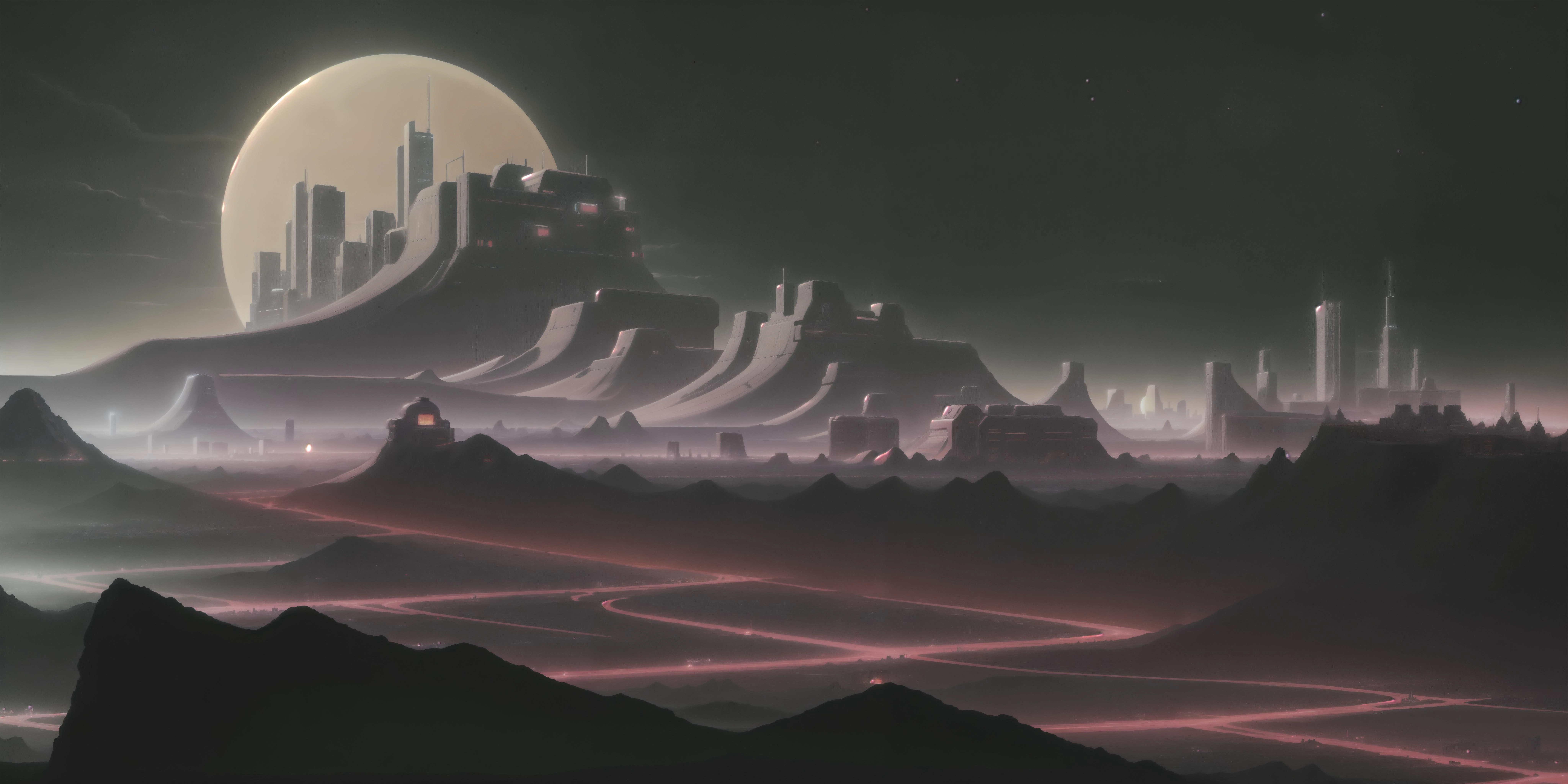 (Science fiction:1.2), Night, bright colors, city on the background, landscape, without people, technology, skyscrapers, buildings, science stations, desert, retrowave, mountain, background, (car:1.2), bright, sun, street, signs, <lora:retrowave_0.12:0.6> <lora:xsarchitectural-19Houseplan:0.7>
