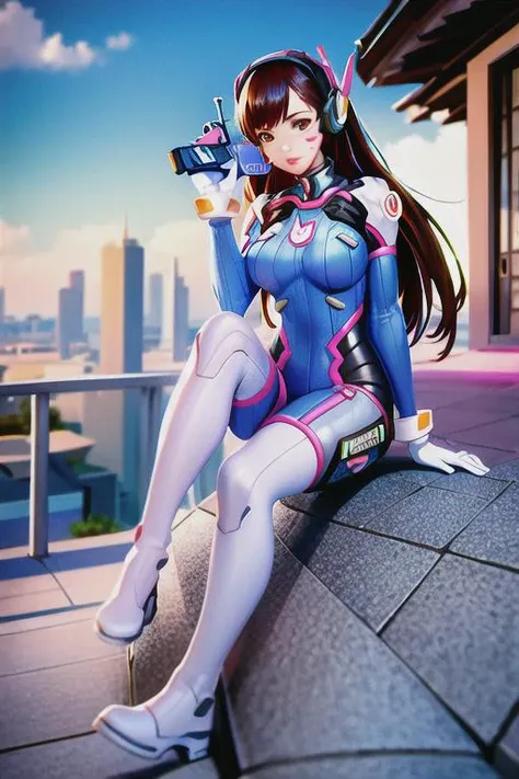 1 girl, (d.and (Overwatch):0.8), alone, long hair, Beard markings, tights, brown hair, facial mark, mitt, chest, brown eyes, pilot suit, cowboy shot, earphone, white gloves, breast, sweeping forehead, skin is tight, Animal Print, forehead, Rabbit print, Golji One Piece Stockings, face painting, pink lips, With my back against the wall, holding a gun, serious expression, Suspicious, consideration, investigation, dark Alley, night, night sky, Red light, (silhouette, hard light:1.2), fighting background