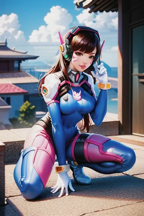 ((1girl)),((alone)),d.va \(overwatch\),(masterpiece), (best quality), (ultra detailed), (best illustration), (best shadow), (absurdities), sharp focus, cowboy shot, atmospheric perspective, depth of field, dynamic posture, ((looking at viewer)), large breasts, narrow waist, wide hips, medium thighs, round butt, erotic, romantic, (highly detailed eyes, lips 1.1), very detailed eyes, eyes, Very detailed face, Very beautiful face, Symmetrical face, Aesthetic face, perfect face, perfect eyes, detailed eyelashes: 1.5), full height, beautiful slim figure, femininity, expressive appearance, elastic big breasts , sexuality, lips parted, (brown eyes), long hair, brown hair, swept bangs, headphones, blue jumpsuit, ribbed jumpsuit, pilot suit, bunny print, v, whisker marks, face paint, white gloves, face mark , pink lips, turtleneck, shoulder pads, ),(, meverwatch\ ), robot, curves, defined body, Perfect and beautiful body, perfect and beautiful, closed mouth, ((smug smile)), (smug), flirtatious expression, (sexy pose: 1.2), ((alone)), standing: 1.4,((outdoor, Korean city, night, cityscape, streets, city, city lights,)), Looking forward, ((focus on breasts:1.4)), point of view: (from above), perfect anatomy, perfect hands