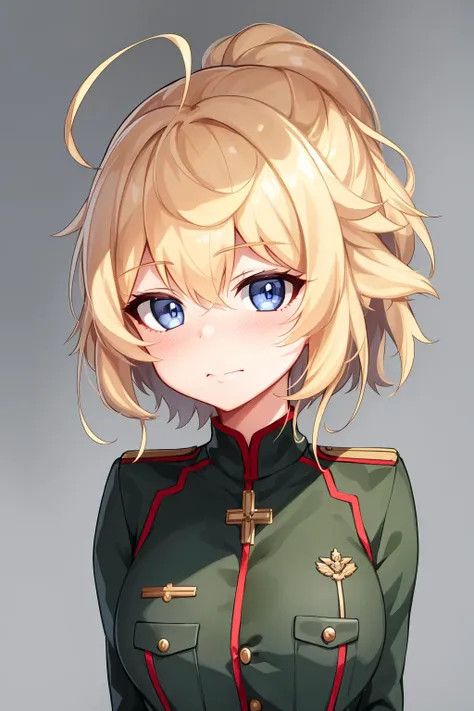 1girl, <lora:Tanya Degurechaff:0.6>,ahoge, shirt, closed mouth, mature female, military uniform,(masterpiece:1.0), (best quality:1.0), (8k wallpaper:1.0), extremely delicate and beautiful, (beautiful detailed face:1.0), (detailed deep eyes), symmetrical breasts, deep eyes,
