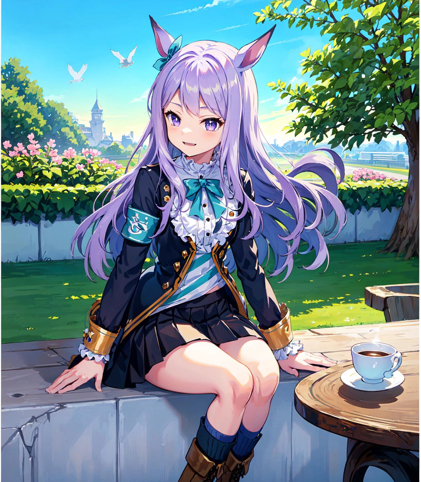 ((masterpiece, best quality)),(illustration),(detailedlight),((anextremelydelicateandbeautiful)),colorful,1girl, Mejiro McQueen, Mejiro McQueen(Racing clothes), bright pupils, horse ears, horse girl, long hair, mejiro_mcqueen_\(umamusume\), purple eyes, purple hair,black jacket,pleated_skirt,bow, kneehighs, boots,ear_ribbon,armband,solo, <lora:aki-000006:0.9>,outdoors, blue sky, birds, garden, light smile, sunrise,sitting, on chair,table,teapot,under tree,