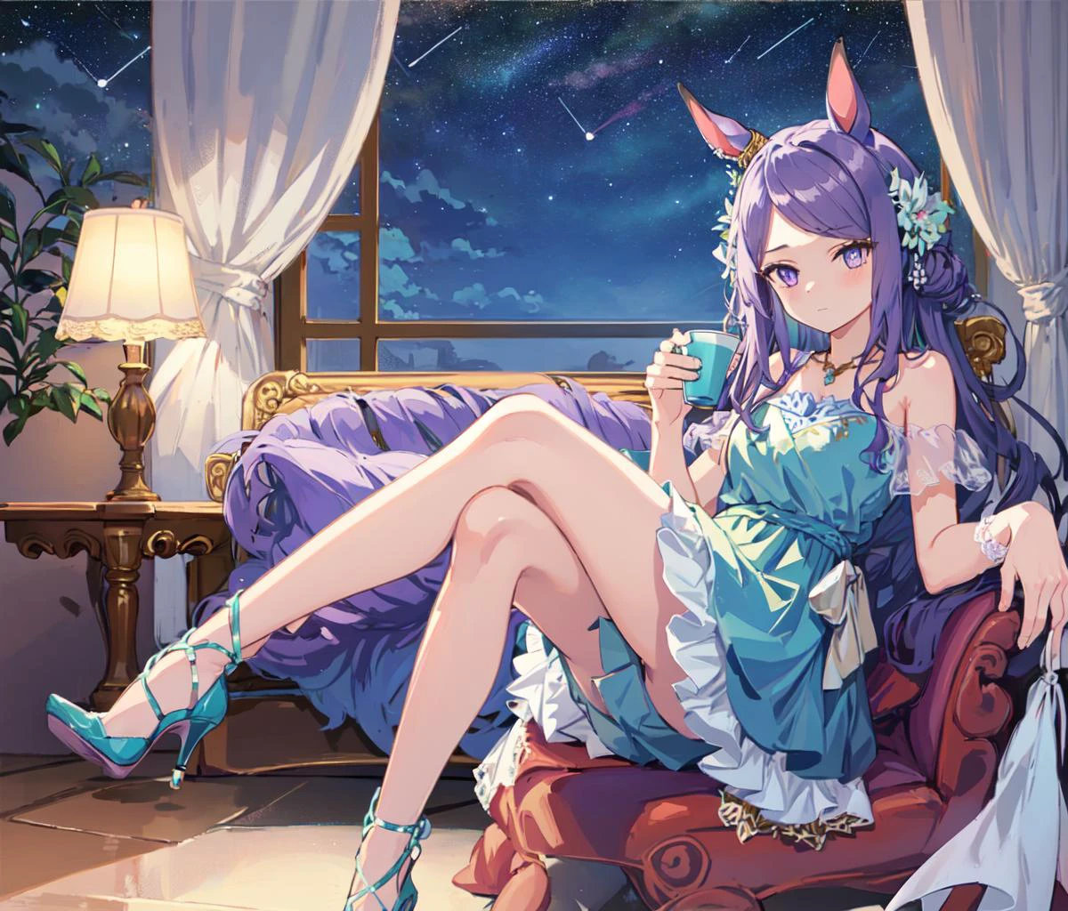 ((masterpiece, best quality)),(illustration),(detailedlight),((anextremelydelicateandbeautiful)),colorful,1girl, Mejiro McQueen, Mejiro McQueen(evening dress), bare shoulders, bright pupils, hair_ornament, horse ears, horse girl, long hair, mejiro_mcqueen_\(umamusume\), official_alternate_costume, purple eyes, purple hair,necklace,jewelry,headdress,solo,high heels,<lora:Mejiro McQueen(part2)5:0.7>,cowboy shot, crossed legs, on couch, indoors, window, night sky, starry sky, lamp,holding cup,