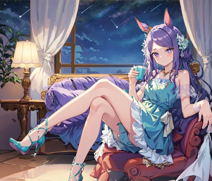((masterpiece, best quality)),(illustration),(detailedlight),((anextremelydelicateandbeautiful)),colorful,1girl, Mejiro McQueen, Mejiro McQueen(evening dress), bare shoulders, bright pupils, hair_ornament, horse ears, horse girl, long hair, mejiro_mcqueen_\(umamusume\), official_alternate_costume, purple eyes, purple hair,necklace,jewelry,headdress,solo,high heels,<lora:Mejiro McQueen(part2)5:0.7>,cowboy shot, crossed legs, on couch, indoors, window, night sky, starry sky, lamp,holding cup,