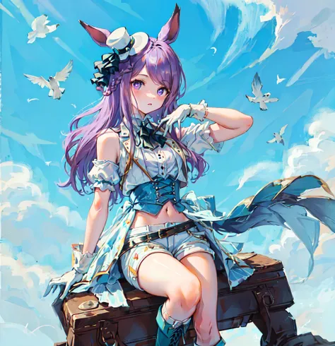 <lora:Mejiro McQueen 2.1:0.6>, ((masterpiece, best quality)),(illustration),(detailedlight),((anextremelydelicateandbeautiful)),1girl,Mejiro McQueen,Mejiro McQueen(End of sky),mejiro_mcqueen_\(umamusume\),horse ears,horse girl,long hair,purple hair,purple eyes,bright pupils,white gloves,mini hat,navel,bare_shoulders,short sleeves,braid,white shorts,cross-laced_footwear,white_footwear,sleeveless,knee boots,outdoors,blue sky, bird,feathered wings,