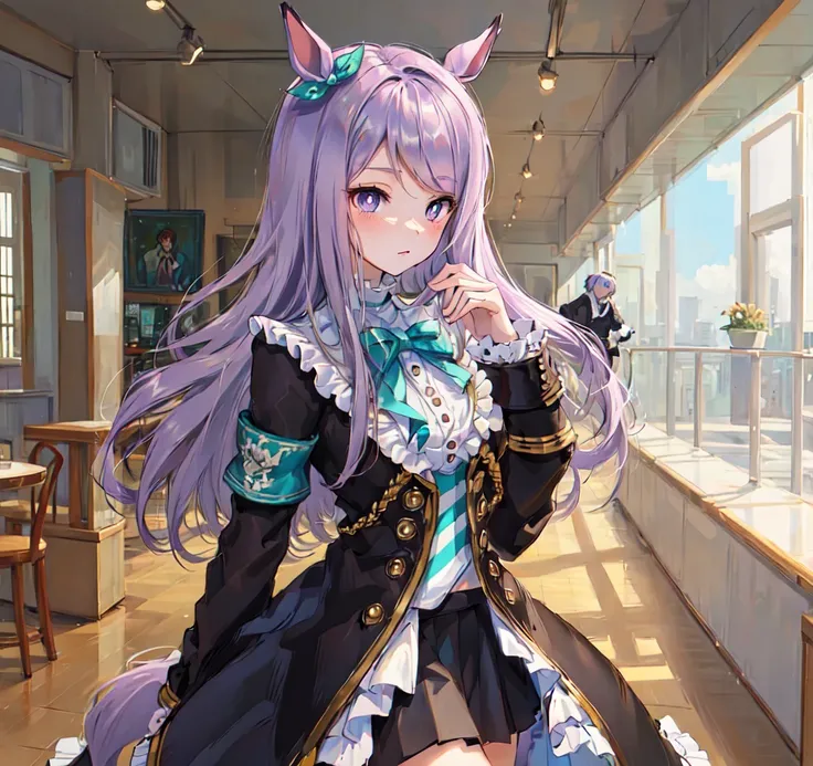 <lora:Mejiro McQueen 2.1:0.7>, ((masterpiece, best quality)),(illustration),(detailedlight),((anextremelydelicateandbeautiful)),1girl,Mejiro McQueen, Mejiro McQueen(Racing clothes),mejiro_mcqueen_\(umamusume\),horse ears,horse girl,long hair,purple hair,purple eyes,bright pupils,green bow,black skirt,shirt,jacket,blue legwear,kneehighs,boots,long sleeves,frills,black_footwear,solo,indoors