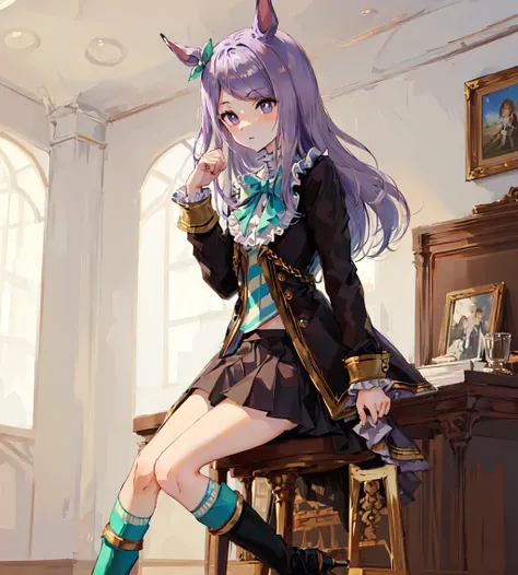 <lora:Mejiro McQueen 2.1:0.7>, ((masterpiece, best quality)),(illustration),(detailedlight),((anextremelydelicateandbeautiful)),1girl,Mejiro McQueen,( Mejiro McQueen(Racing clothes) ),mejiro_mcqueen_\(umamusume\),horse ears,horse girl,long hair,purple hair,purple eyes,bright pupils,green bow,black skirt,shirt,jacket,blue legwear,kneehighs,boots,long sleeves,frills,black_footwear,solo,indoors,in palace, sitting,