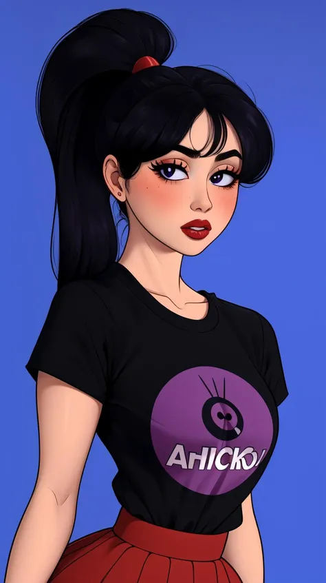 <lora:Jessica_Dupont:1>, solo, upper body, looking at viewer, high ponytail, black and violet harir, black top, t-shirt, red squared skirt, blue background, black hair, simple background, <lora:Sexy School Uniform By Stable Yogi:0.6><lora:DrawingsHernan Style Lora:1>