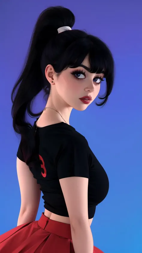 <lora:Jessica_Dupont:1>, solo, upper body, looking at viewer, high ponytail, black and violet harir, black top, t-shirt, red squared skirt, blue background, black hair, simple background, <lora:Sexy School Uniform By Stable Yogi:0.6><lora:DrawingsHernan Style Lora:1>