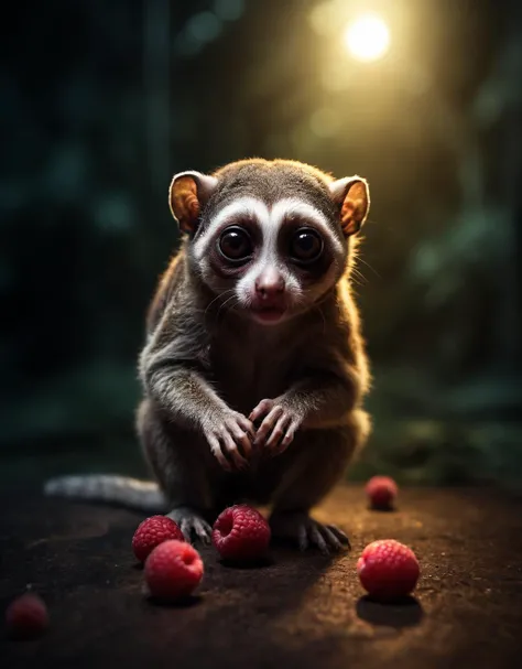 The scene depicts a wild Slow Loris, with the speed of its motion leaving behind traces. The animal's gaze is focused and awe-inspiring. The style of the artwork is characterized by a strong visual impact, presented through depth effects, dynamic blur, intense light and shadow contrast, and cinematic framing. The raspberry and ruby light sources contribute to the surreal atmosphere.