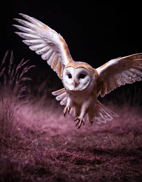 The scene depicts a wild Barn Owl, with the speed of its motion leaving behind traces. The animal's gaze is focused and awe-inspiring. The style of the artwork is characterized by a strong visual impact, presented through depth effects, dynamic blur, intense light and shadow contrast, and cinematic framing. The dusty rose and amethyst light sources contribute to the surreal atmosphere.