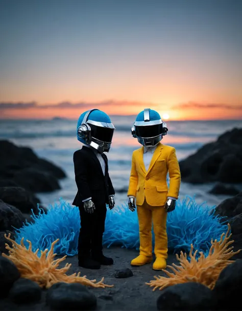 felt artwork, Daft Punk made out of fluffy and soft felt performing music, dreamy colors, in the sea