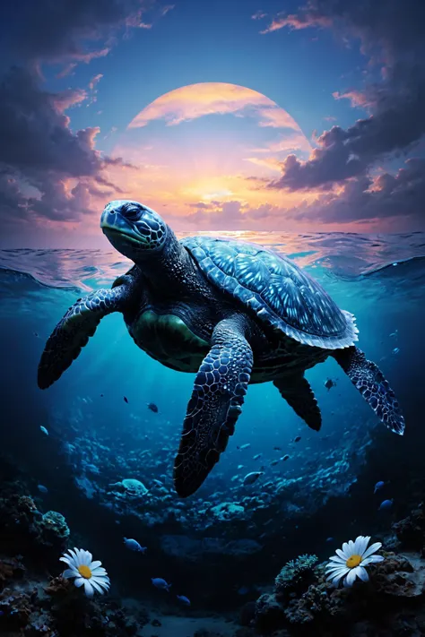 (art by Kyousuke Motomi (Creator of Dengeki Daisy) and Jacques Amans:1.2), leatherback sea turtle ,
aesthetic of new media art with iridescent atmosphere,
iconoclastic sublime achievement with impeccable details,
(sky blue and bluish-purple colors:0.1), (center composition, symmetry and balance:0.1),
<lora:xl_more_art-full_v1:0.5> <lora:MJ52:0.3>