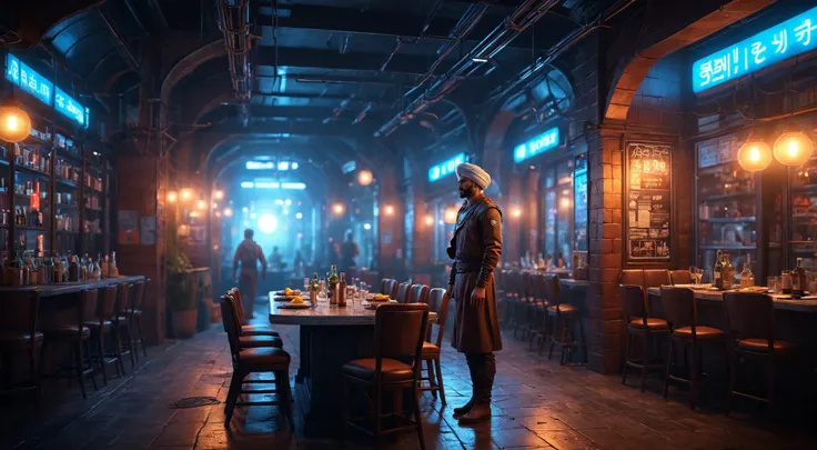 dark and gritty, middle eastern manga hyperspace navigator Dimensional Diner, dynamic pose, brick lights, realistic, glow, detailed textures, high quality, high resolution, high precision, realism, color correction, proper lighting settings, harmonious composition, behance work, very dramatic lighting, sharp focus, low angle, trending on artstation, sharp focus, studio photo, intricate details, highly detailed