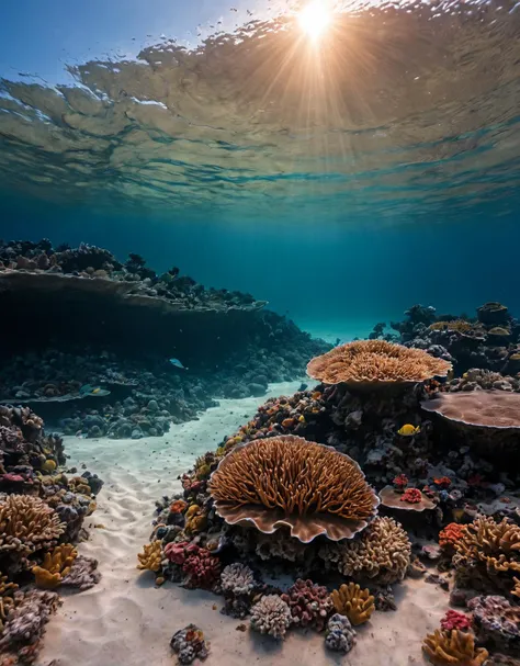 breathtaking, Coral, sand. Beneath the crystal-clear waters of a tropical paradise, a vibrant coral reef thrives, painting the ocean floor with hues of coral while golden sand stretches as far as the eye can see. Photographed with a Sony A7S III, 16-35mm lens, f/2.8, award winning