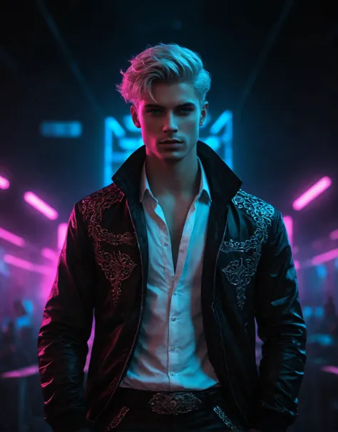 dark and gritty, icelandic manga prince having a virtual talent show with friends, cyan neon lights, realistic, glow, detailed textures, high quality, high resolution, high precision, realism, color correction, proper lighting settings, harmonious composition, behance work, very dramatic lighting, sharp focus, low angle, trending on artstation, sharp focus, studio photo, intricate details, highly detailed