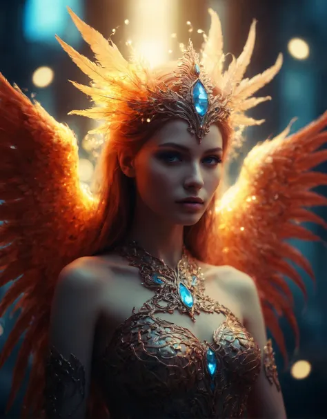 breathtaking shallow depth of field, bokeh, a phoenix godess, backlit, anthropomorphic, ornate, opulant, bioluminescence, 8k, cinematic lighting, sharp focus, masterpiece, highly detailed by Anna Dittmann and Anne Stokes
