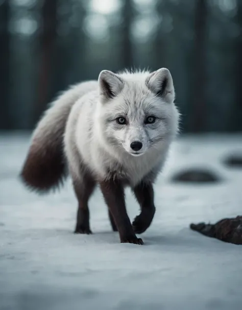 The scene depicts a wild Arctic Fox, with the speed of its motion leaving behind traces. The animal's gaze is focused and awe-inspiring. The style of the artwork is characterized by a strong visual impact, presented through depth effects, dynamic blur, intense light and shadow contrast, and cinematic framing. The chocolate and emerald light sources contribute to the surreal atmosphere.
