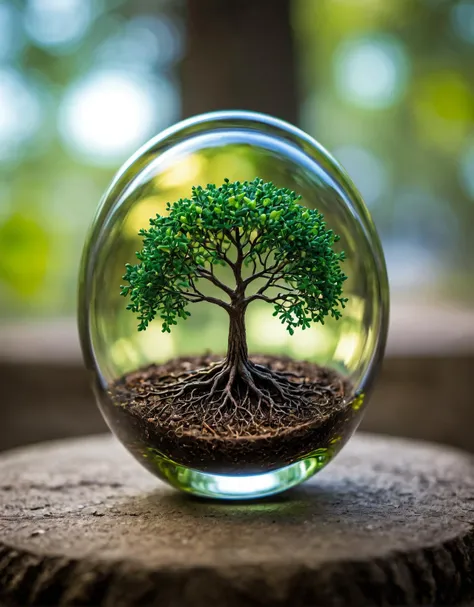 breathtaking shallow depth of field, bokeh, a brilliantly colored glass paperweight containing a tree showing the green leaf colored branches above and a root structure below that is just as extensive