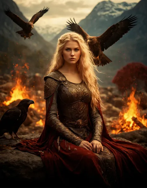 breathtaking, film photography, beautiful viking woman, surrounded by animals and embers, Eagle, Bear, Crows, Wolf, laying on top of a bed covered in gold, mountain and fjord background, embers flowing in the air, by Csaba Markus, Norwayfuturism, gothic art, goddess Freya, Fetishistic, merged, blond glimmering hair flowing, dressed in armor, redish skin, detailed 8k, photoshop art, cinematic lighting, cinematic composition, award winning