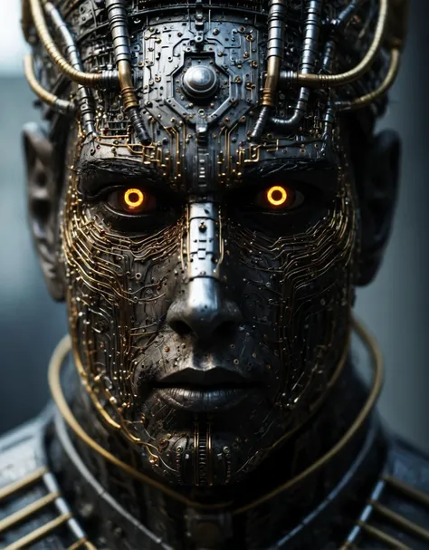 extreme close-up of a masculine (king:1.3) robot with the face designed by avant-garde armani, ultra details in every body part in matt lemon, rich illuminated electro-mechanical and electronics computer parts circuit boards and wires can be seen beneath the skin, cybernetic eyes, rich textures including degradation, Tamiya model package, (stands in a dynamic action pose:1.25) and looks at the camera 8k, dark and gritty atmosphere, glinting surface, taken with standard lens
