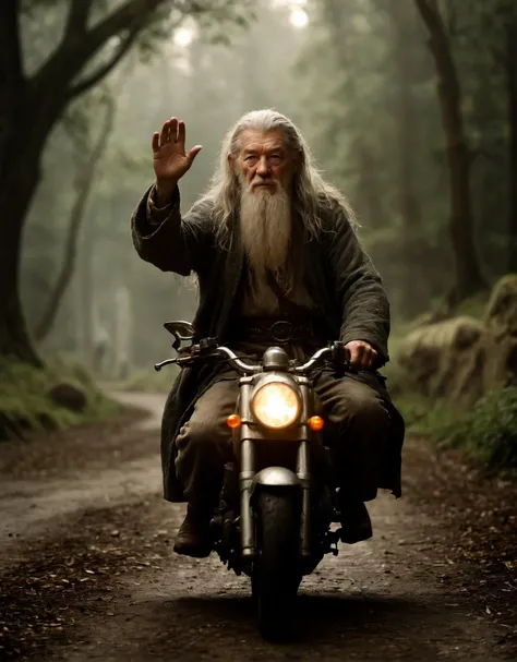 breathtaking shallow depth of field, bokeh, cinematic shot movie still dvd screengrab, gandalf ian mckellan on a motorcycle and waving his hand in middle_earth scenery; LOTR lord_of_the_rings landscape; canon dslr zeiss lens bokeh maximalist award-winning cinematic epic stunning breathtaking volumetric lighting