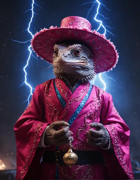 cinematic film still portrait of a expensive looking comical anthropomorphic (sad:1.2) (Frilled Lizard:1.3) valkyrie wearing a raspberry fashion magic robe and hat, floating particles, sparks, surrounded by lightning, blue arcane symbols, intricate abstract, intricate artwork, dramatic lighting, concept art, key art, hyper realism