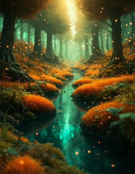 breathtaking shallow depth of field, bokeh, The most epic beautiful detailed landscape to give us hope that life is worth living in a surreal depth world in a orange green fantasy forest style of Daniel Merriam concept art