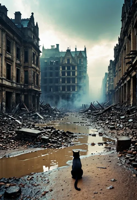 destruction, post-apocalypse, devastation,
a ((far away)) small lonely cat at the horizon,