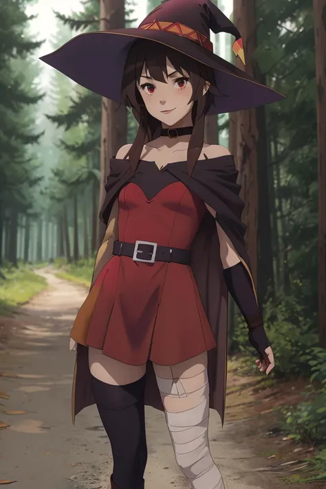 <lora:meguminV3:0.8>
Megumin, kono subarashii sekai ni shukufuku wo!, 1girl, solo, standing, looking at viewer, hat, witch hat, brown hair, short hair with long locks, red eyes, blush, evil grin, black choker, collarbone, off-shoulder dress, dress, (red dress:1.5), brown cape, long sleeves, black gloves, fingerless gloves, belt, brown belt, gold trim, (asymmetrical legwear:1.4), mismatched legwear, (bandaged leg:1.3), black thighhighs, (arms behind back:1.3), (forest:1.4)