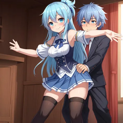 aqua \(konosuba\), 1girl, bangs, in room background, blue eyes, blue hair, blue skirt, smile face, (He holds out his open hand forward to help him stand up:1.5), (blushy:1.2), detached sleeves, hair rings, medium breasts, long hair, looking at viewer, skirt, smile, solo, thighhighs, white sleeves, white thighhighs, zettai ryouiki, kono subarashii sekai ni shukufuku wo!,