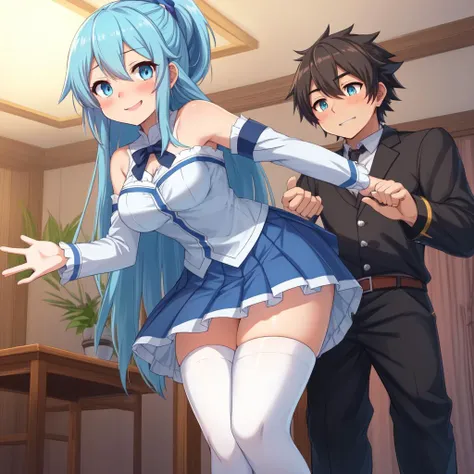 aqua \(konosuba\), 1girl, bangs, in room background, blue eyes, blue hair, blue skirt, smile face, (He holds out his open hand forward to help him stand up:1.5), (blushy:1.2), detached sleeves, hair rings, medium breasts, long hair, looking at viewer, skirt, smile, solo, thighhighs, white sleeves, white thighhighs, zettai ryouiki, kono subarashii sekai ni shukufuku wo!,