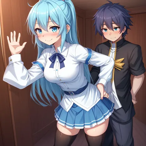 aqua \(konosuba\), 1girl, bangs, in room background, blue eyes, blue hair, blue skirt, smile face, (He holds out his open hand forward to help him stand up:1.5), (blushy:1.2), detached sleeves, hair rings, medium breasts, long hair, looking at viewer, skirt, smile, solo, thighhighs, white sleeves, white thighhighs, zettai ryouiki, kono subarashii sekai ni shukufuku wo!,