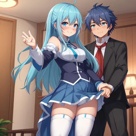 aqua \(konosuba\), 1girl, bangs, in room background, blue eyes, blue hair, blue skirt, smile face, (He holds out his open hand forward to help him stand up:1.5), (blushy:1.2), detached sleeves, hair rings, medium breasts, long hair, looking at viewer, skirt, smile, solo, thighhighs, white sleeves, white thighhighs, zettai ryouiki, kono subarashii sekai ni shukufuku wo!,